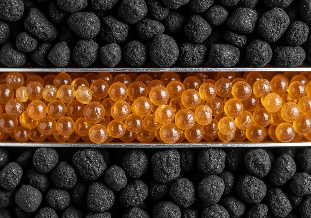 Close-up of granular activated coconut shell carbon and high-capacity softening resin filtration media
